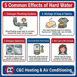An infographic lists five common effects of hard water: damaged plumbing, wasted soap, damaged appliances, higher water heater energy use, and hair/skin damage.