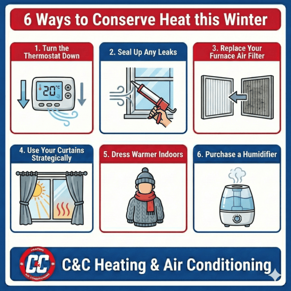 Infographic listing six ways to conserve heat in winter, including thermostat adjustment, sealing leaks, replacing filters, using curtains, dressing warmly, and using a humidifier.