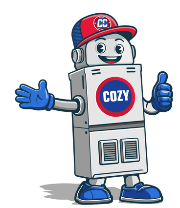 Cartoon robot wearing a red and blue cap, blue gloves, and shoes, with “COZY” written on its chest, smiling and giving a thumbs up. | C & C Heating & Air Conditioning