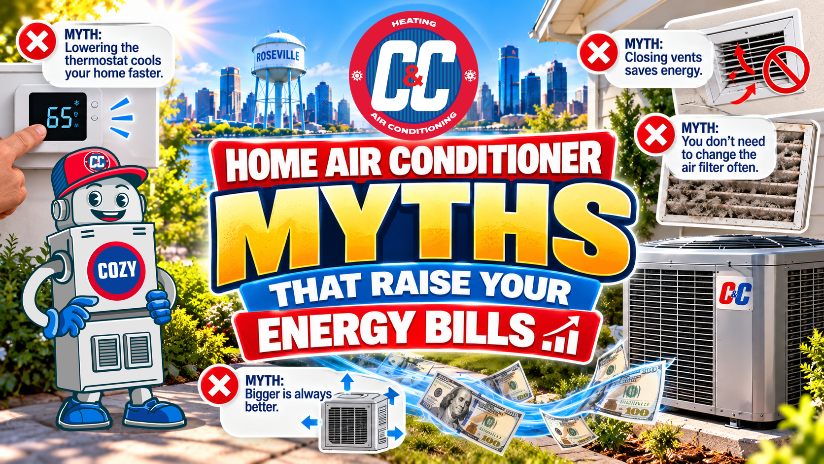 Infographic titled “Home Air Conditioner Myths That Raise Your Energy Bills,” featuring a robot mascot alongside common misconceptions about thermostat settings, air vents, air filters, and unit size. | C & C Heating & Air Conditioning