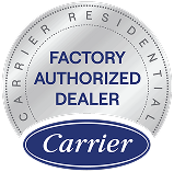 Silver seal with the words "Factory Authorized Dealer" in blue, surrounded by "Carrier Residential" text and a blue Carrier logo at the bottom. | C & C Heating & Air Conditioning