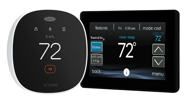 Two digital thermostats display a temperature setting of 72 degrees; one has a black round interface, and the other has a rectangular touchscreen with additional options. | C & C Heating & Air Conditioning