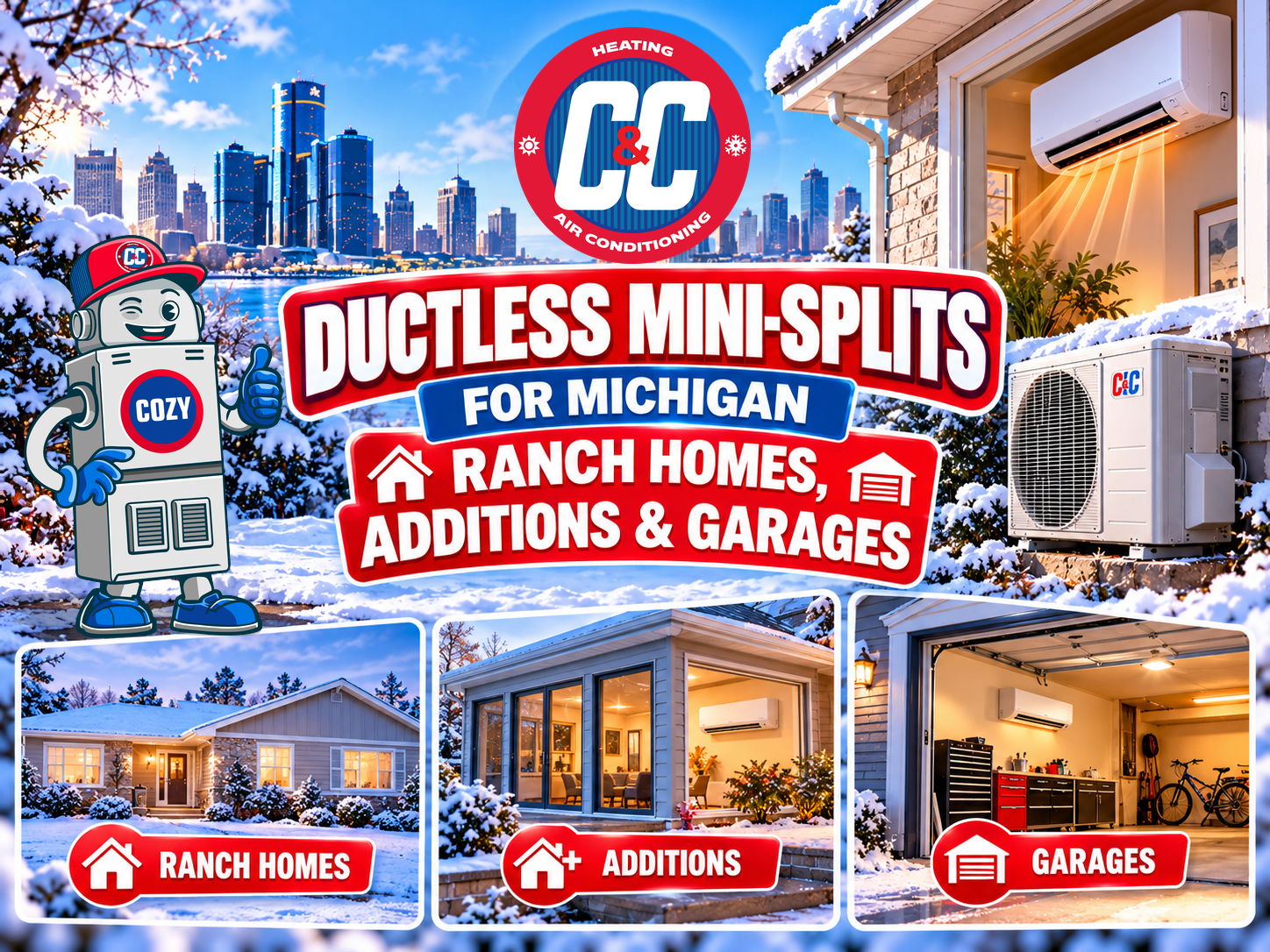 C&C Heating and Air Conditioning advertisement for ductless mini-splits in Michigan, illustrating applications for ranch homes, additions, and garages. | C & C Heating & Air Conditioning