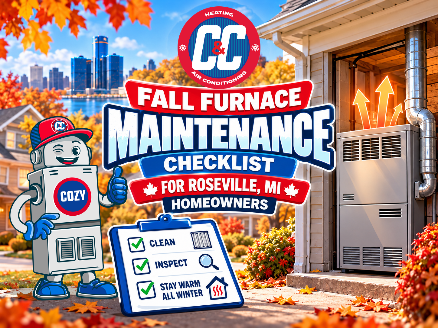 A cartoon robot mascot points to a fall furnace checklist for Roseville, MI, with a residential HVAC unit in the background. | C & C Heating & Air Conditioning