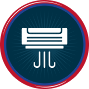 Icon of a wall-mounted air conditioner with three lines below it representing cool air, set against a blue circular background with a red border. | C & C Heating & Air Conditioning