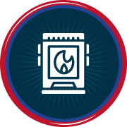Icon of a heater with a flame symbol on its front, centered within a blue circle bordered by red and blue rings. | C & C Heating & Air Conditioning