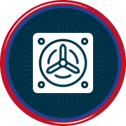 Icon of a vault door with a circular handle, centered on a dark blue background with red and blue concentric rings. | C & C Heating & Air Conditioning