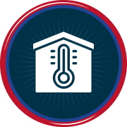Icon of a building with a thermometer inside, representing indoor temperature, enclosed in a circular blue, red, and white border. | C & C Heating & Air Conditioning