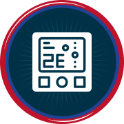 Icon of a digital control panel or device display with buttons, set against a dark blue circular background with red and blue borders. | C & C Heating & Air Conditioning