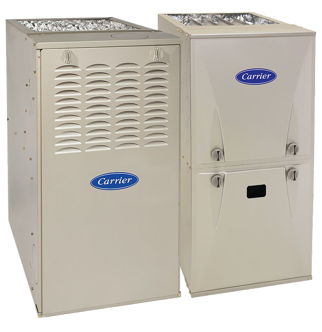 Two beige Carrier gas furnaces are standing side by side, featuring vented front panels and branded blue logos. | C & C Heating & Air Conditioning
