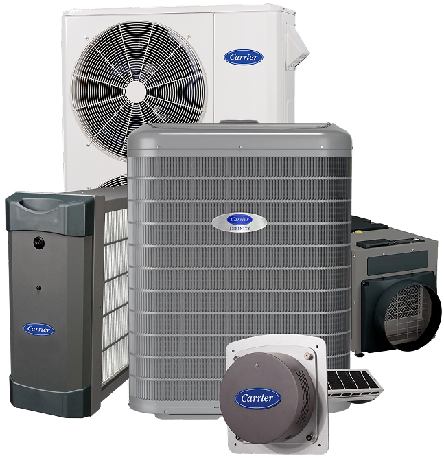 A group of Carrier HVAC units and components, including air conditioners, air handlers, and filtration systems, arranged together on a white background. | C & C Heating & Air Conditioning