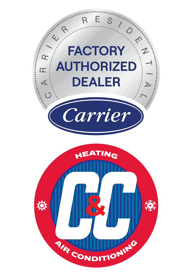 Two circular logos: the top one says "Carrier Residential Factory Authorized Dealer", and the bottom one says "C&C Heating Air Conditioning" with snowflake and sun symbols. | C & C Heating & Air Conditioning