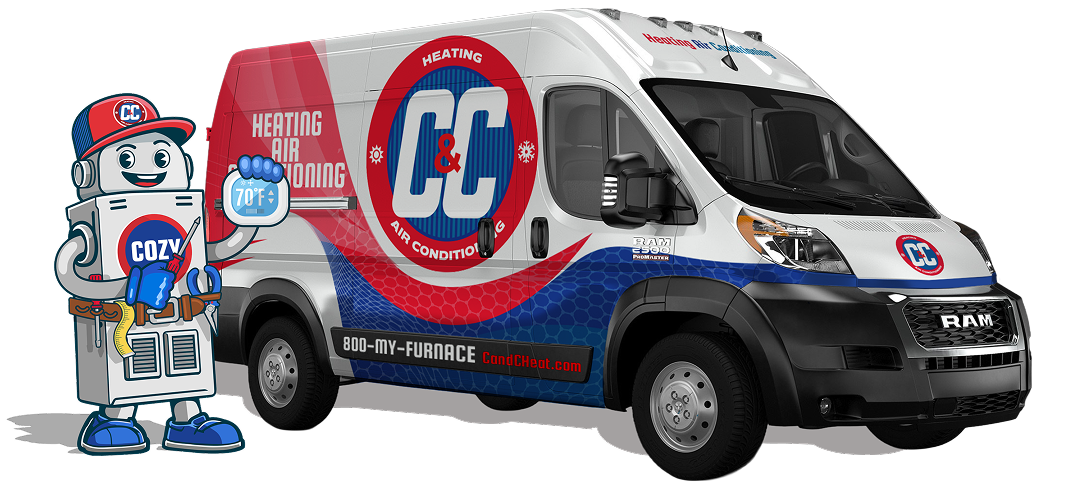 A white van with CC Heating & Air Conditioning branding is parked beside a smiling cartoon furnace mascot holding a "COZY" sign showing 70°F. | C & C Heating & Air Conditioning