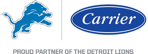 Detroit Lions logo next to Carrier logo with text below that reads, "Proud Partner of the Detroit Lions. | C & C Heating & Air Conditioning