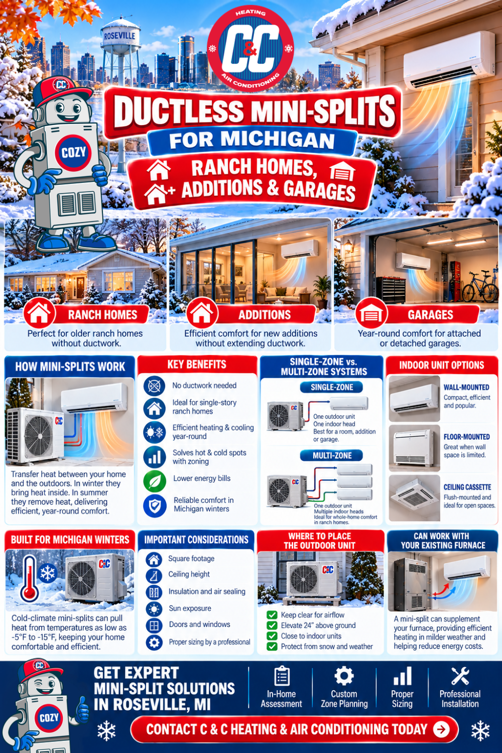 Infographic for C&C Heating and Air Conditioning detailing ductless mini-splits and home heating and cooling benefits, including installation types for Michigan HVAC needs and Roseville contact info. | C & C Heating & Air Conditioning