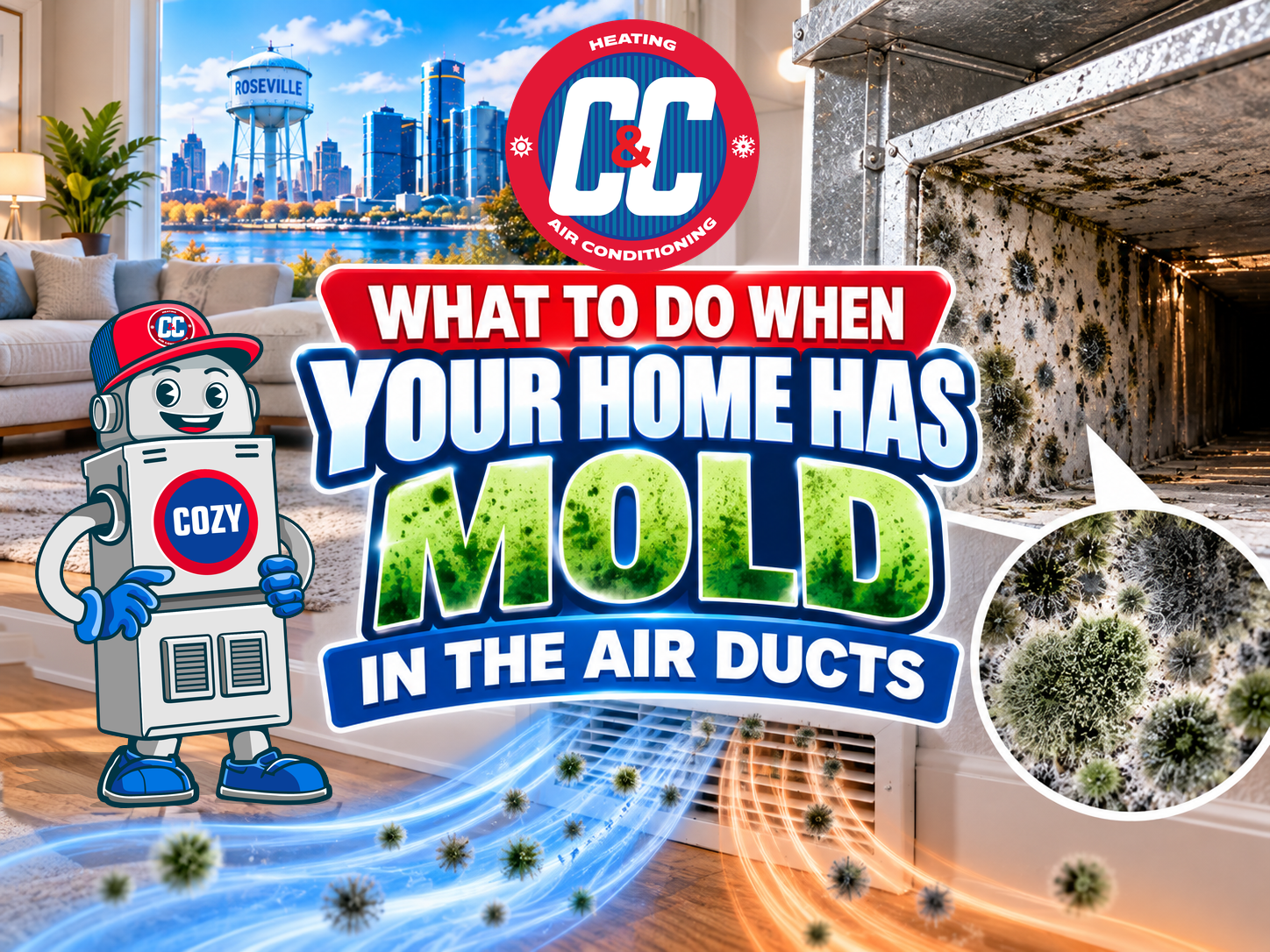 A mascot stands in a living room next to a moldy air duct, with text explaining what to do when your home requires mold inspection. | C & C Heating & Air Conditioning