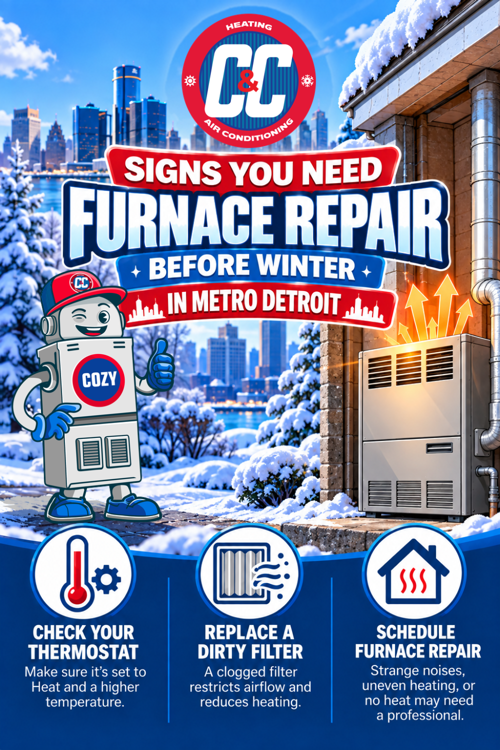 Infographic from CC Heating & Air Conditioning titled “Signs You Need Furnace Repair Before Winter in Metro Detroit,” featuring a mascot and tips on checking thermostats, replacing filters, and scheduling. | C & C Heating & Air Conditioning