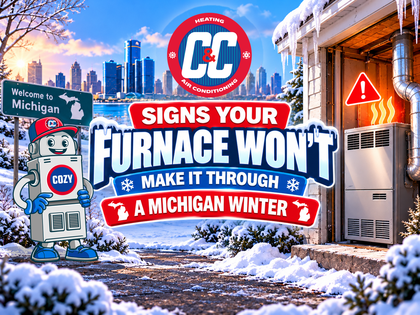 Promotional graphic for CC Heating & Air Conditioning titled “Signs Your Furnace Won’t Make It Through A Michigan Winter,” featuring a mascot, a city skyline, and a furnace needing repair in a snowy garage. | C & C Heating & Air Conditioning