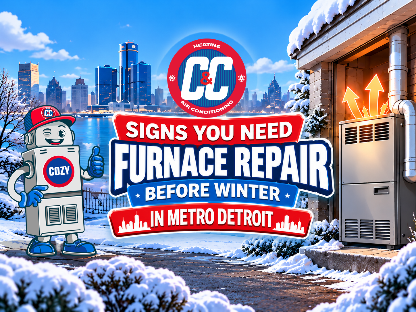 A cartoon robot mascot stands next to a residential furnace in a snowy Detroit setting with a sign reading “Signs You Need Furnace Repair Before Winter in Metro Detroit.” | C & C Heating & Air Conditioning