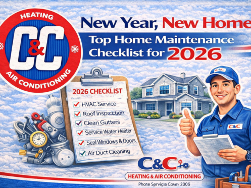 A smiling C&C technician holds a clipboard in front of a house; a checklist for 2026 home maintenance is displayed, including HVAC, gutters, water heater, windows, and air ducts.