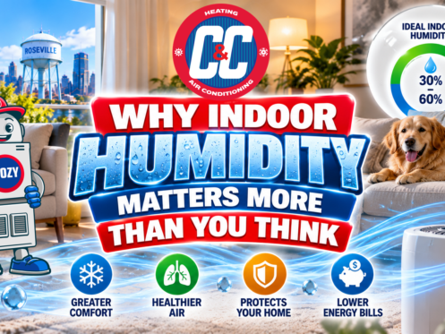 C&C Heating and Air Conditioning infographic illustrating the importance of indoor humidity, featuring a robot mascot, a humidity gauge, and a dog resting on a living room sofa. | C & C Heating & Air Conditioning