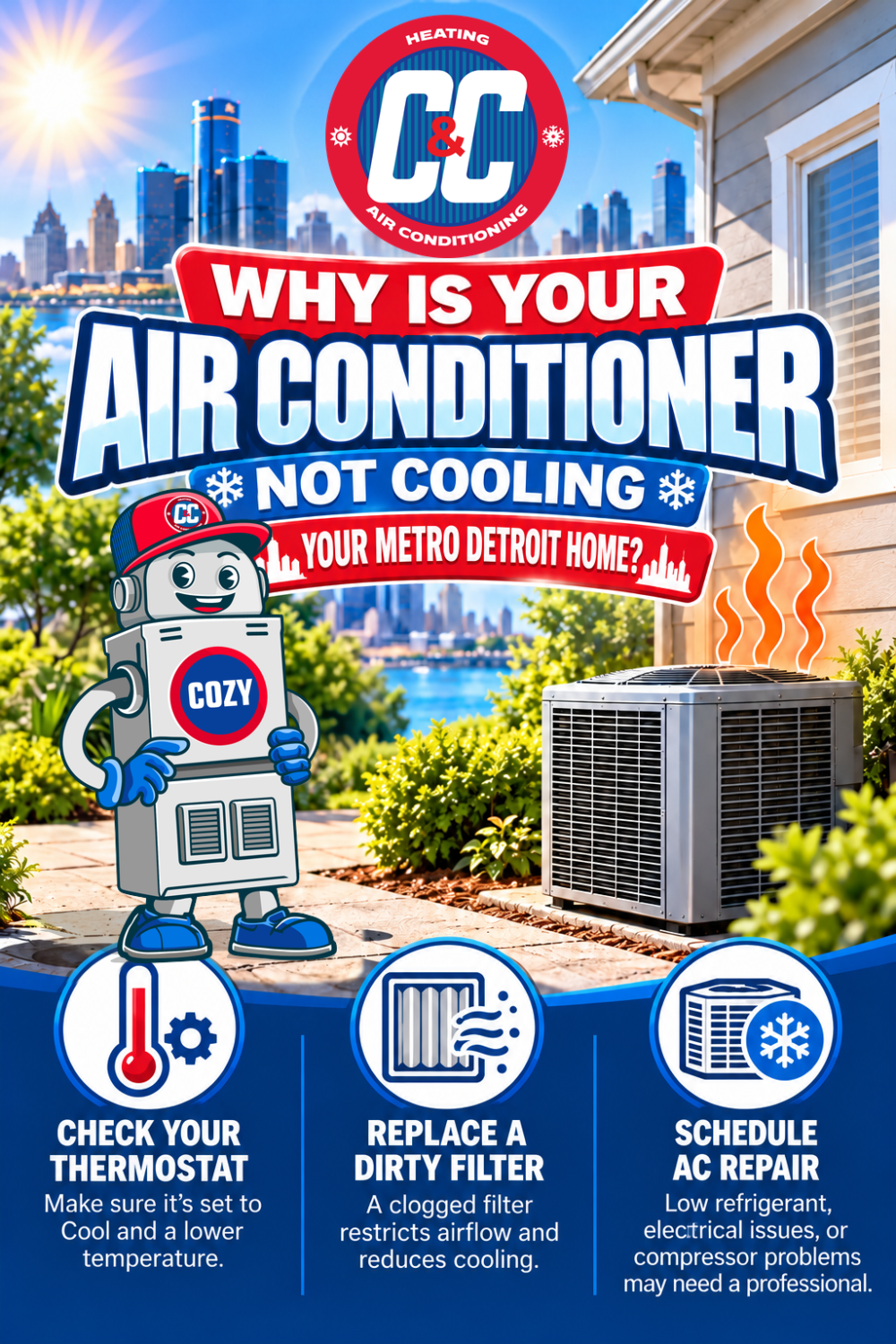 Infographic for CC Heating & Air Conditioning featuring a cartoon mascot, an outdoor air conditioner, and three maintenance tips: check the thermostat, replace filters, and schedule professional repair. | C & C Heating & Air Conditioning