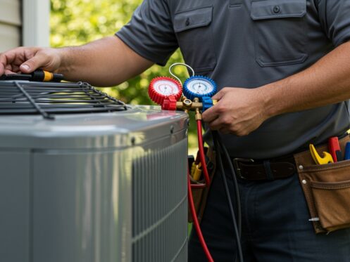 A technician wearing a tool belt uses a pressure gauge to inspect or service an outdoor air conditioning unit. | C & C Heating & Air Conditioning