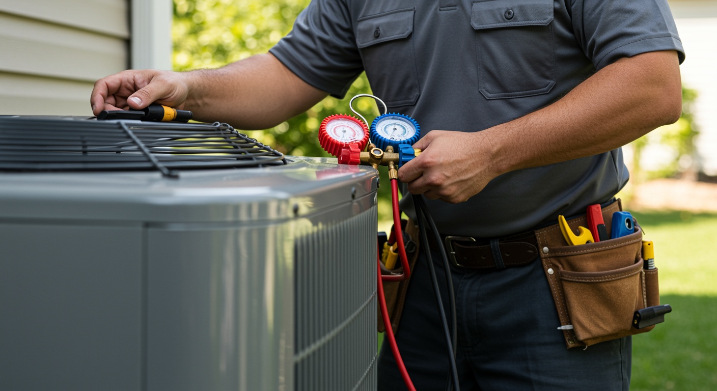 A technician wearing a tool belt uses a pressure gauge to inspect or service an outdoor air conditioning unit. | C & C Heating & Air Conditioning
