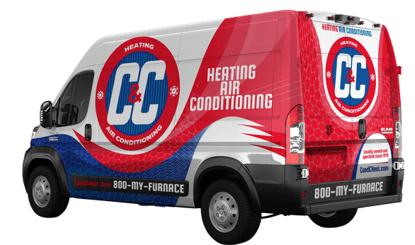 Red, white, and blue van with “C&C Heating Air Conditioning” branding, company website, and phone number displayed on the side and rear. | C & C Heating & Air Conditioning