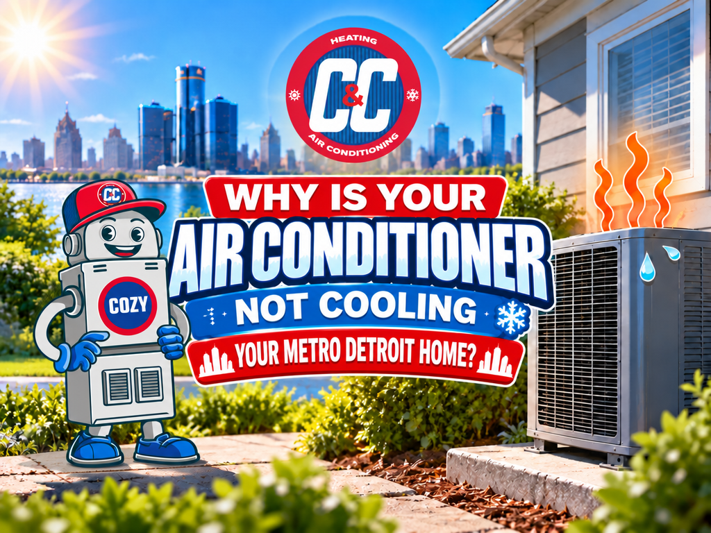 A cartoon robot mascot stands next to an outdoor air conditioner with text that reads: “Why is your air conditioner not cooling your Metro Detroit home?”. | C & C Heating & Air Conditioning