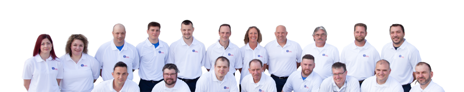 A group of nineteen people wearing white polo shirts poses for a group photo against a plain white background. | C & C Heating & Air Conditioning