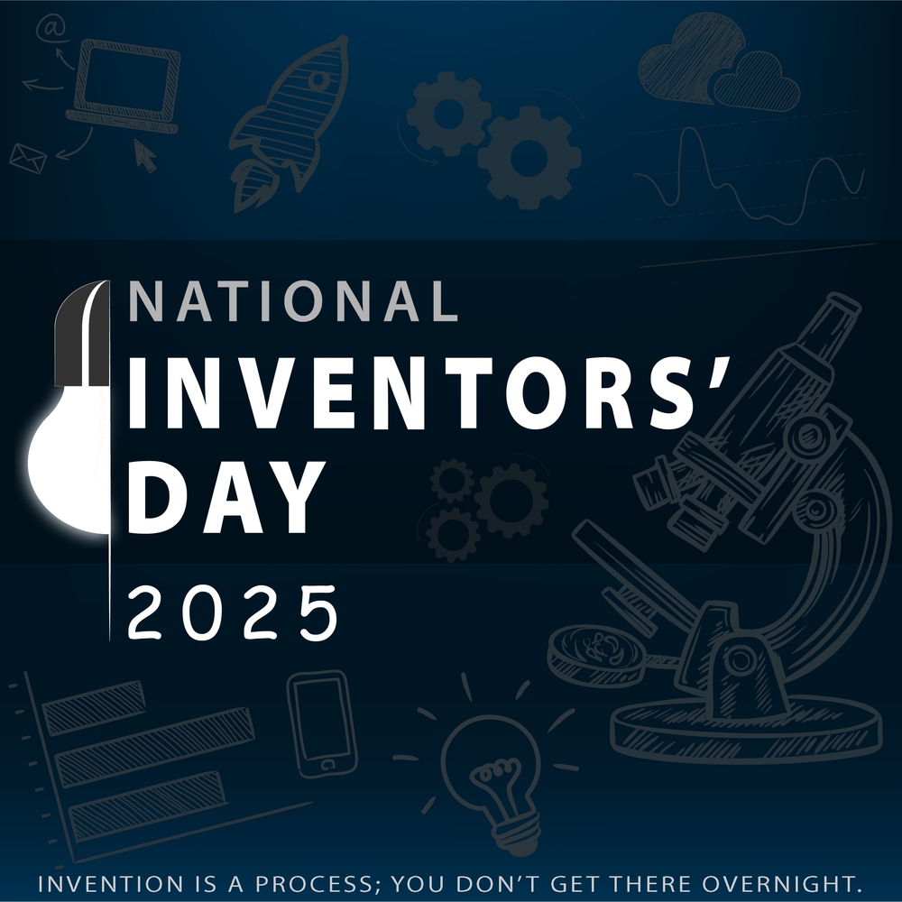 National Inventors’ Day 2025 graphic featuring a lightbulb, microscope, rocket, and doodles of scientific and technological tools on a blue background—honoring inventors who made homes comfortable. | C & C Heating & Air Conditioning