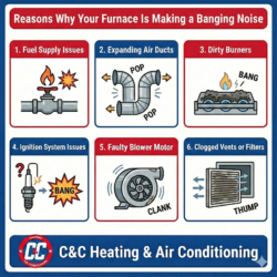 Infographic lists six reasons for a banging furnace noise: fuel supply issues, expanding air ducts, dirty burners, ignition issues, faulty blower motor, and clogged vents or filters.