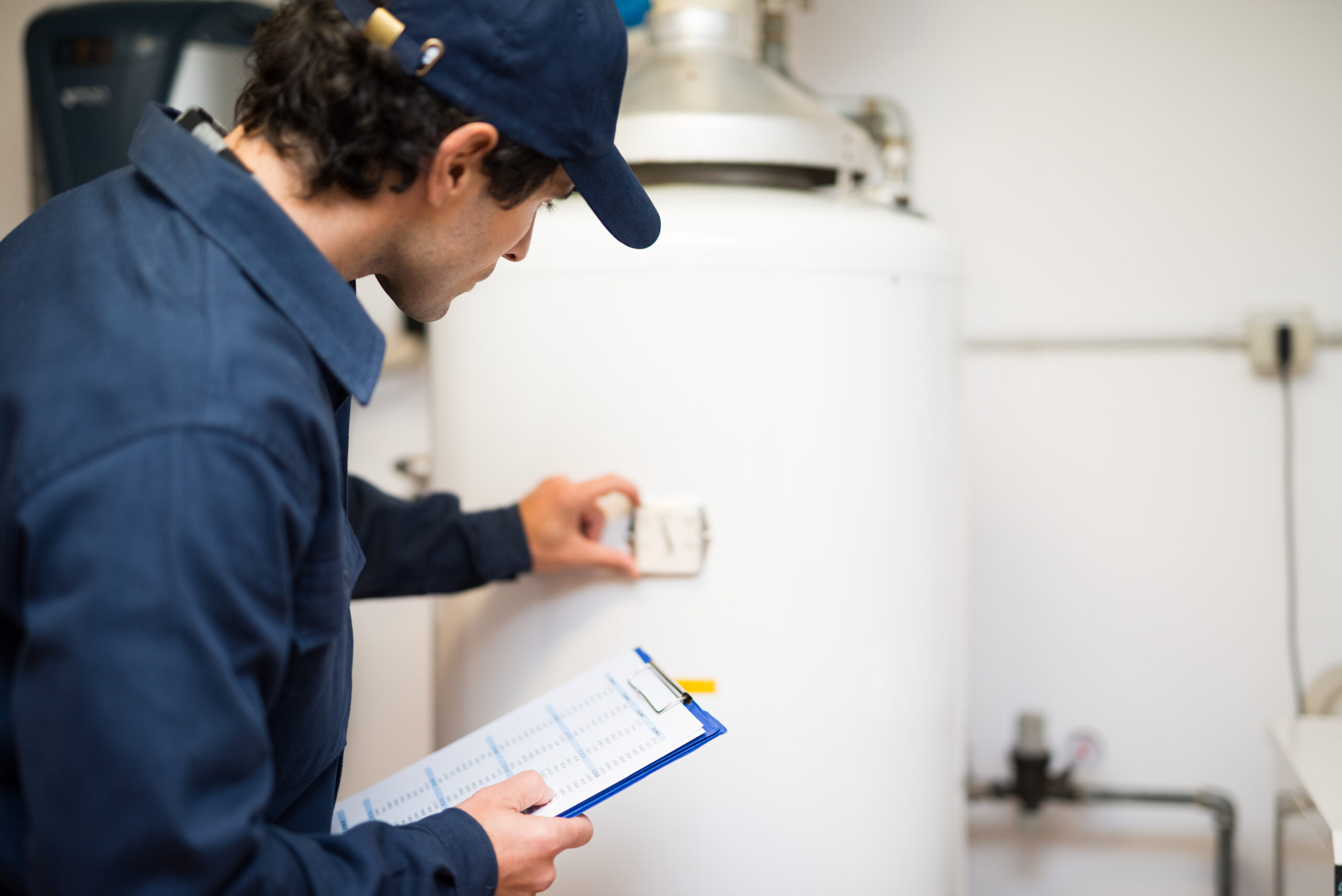 A technician in uniform checks a control on a water heater, inspecting for common water heater signs that may require repair or replacement, while holding a clipboard and pen in a utility room. | C & C Heating & Air Conditioning